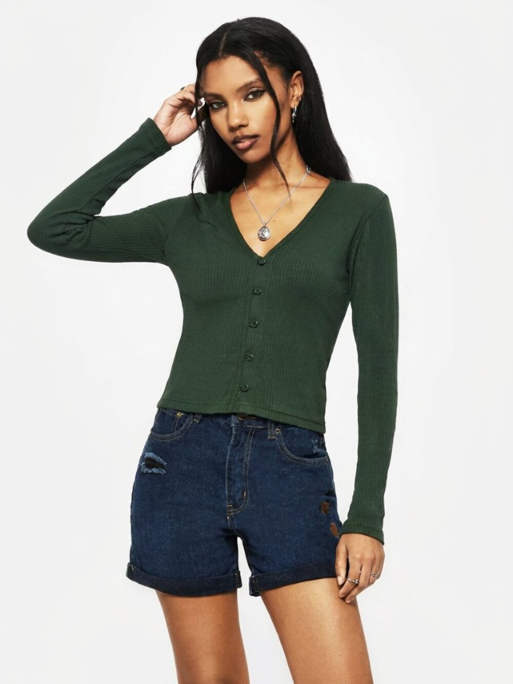 DISTURBIA Surcantine forest green ribbed button up stretch long sleeve top